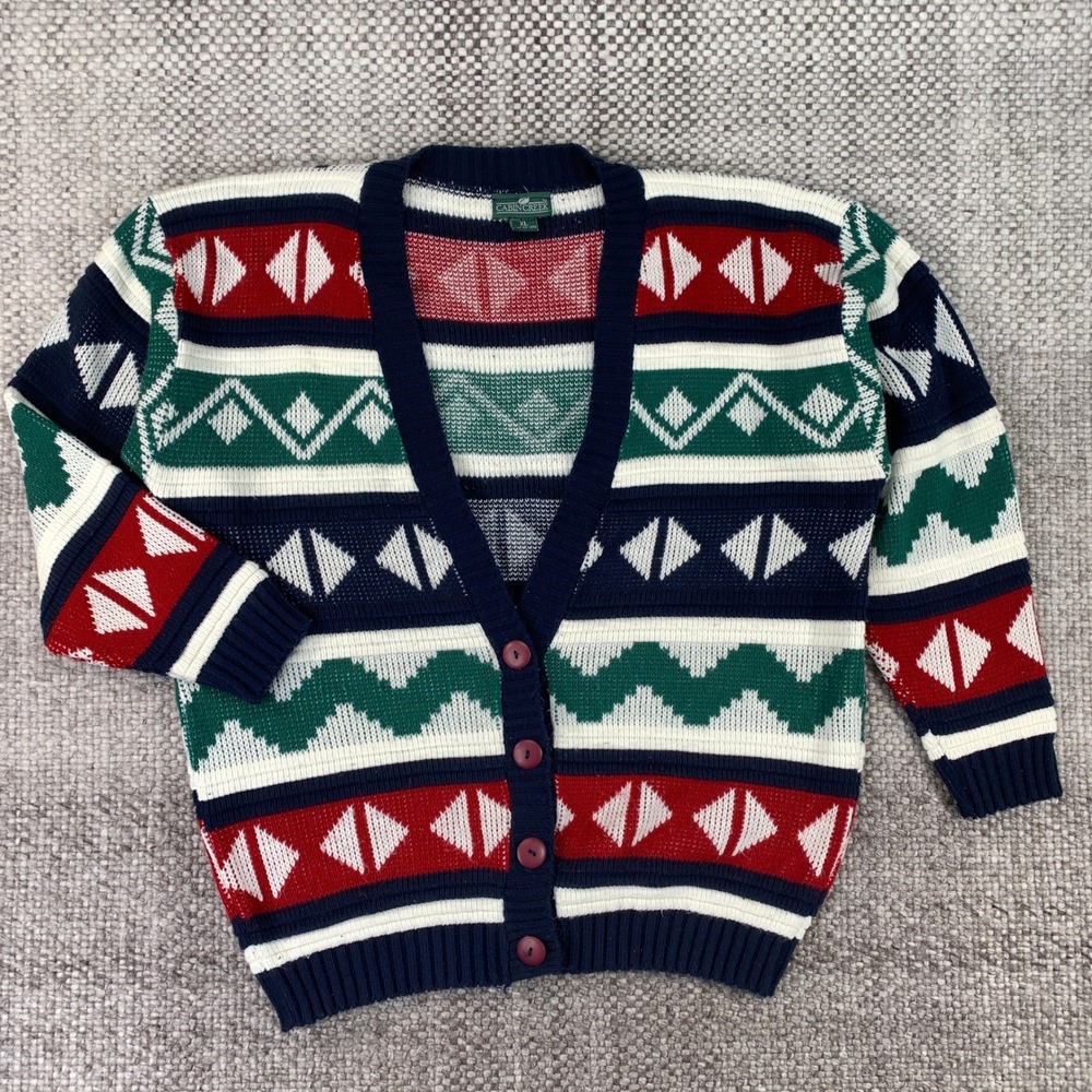 Cabin Creek Cardigan Women XL Navy Red Fair Isle Geometric Vintage Knit Sweater
